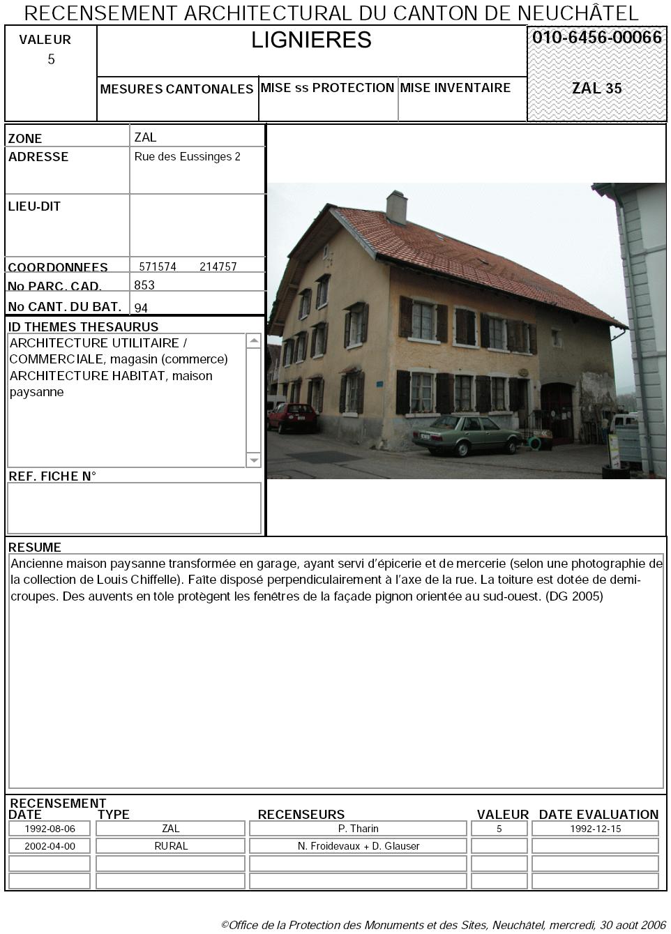 Recensement architectural du canton de Neuchâtel: Fiche 010-6456-00066