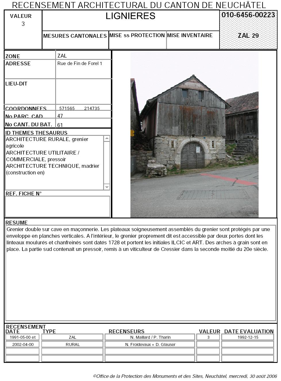 Recensement architectural du canton de Neuchâtel: Fiche 010-6456-00223