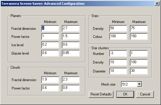 Terranova screen saver advanced configuration dialogue