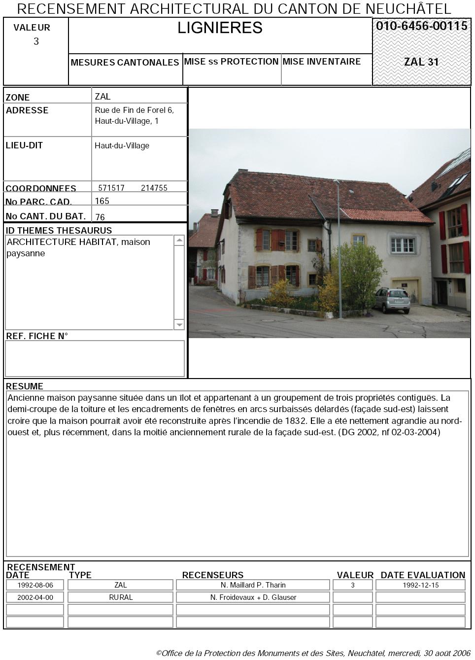 Recensement architectural du canton de Neuchâtel: Fiche 010-6456-00115