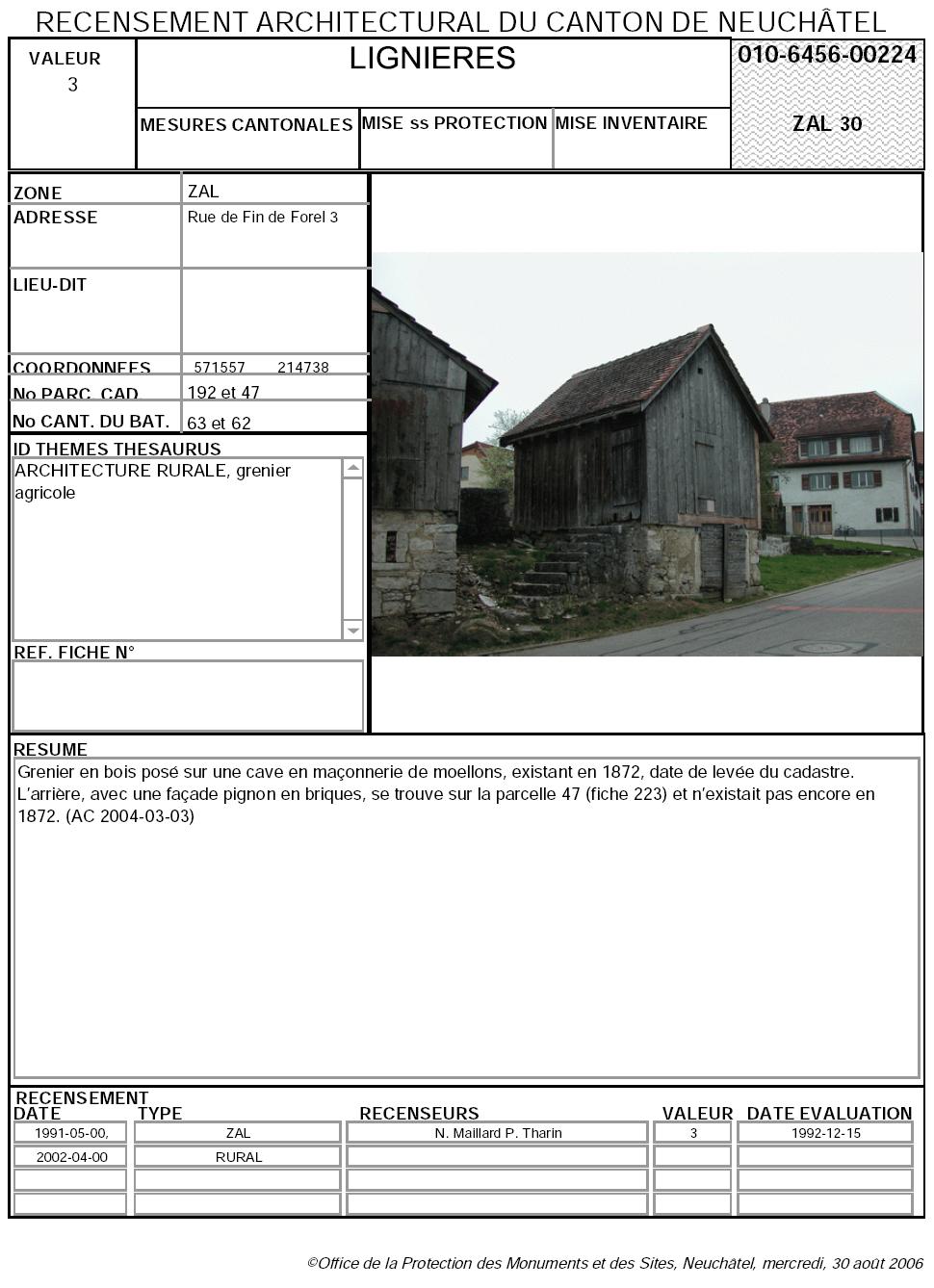 Recensement architectural du canton de Neuchâtel: Fiche 010-6456-00224