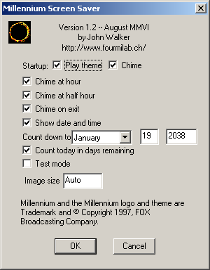 Millennium screen saver configuration dialogue