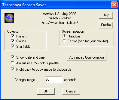 Terranova screen saver configuration dialogue